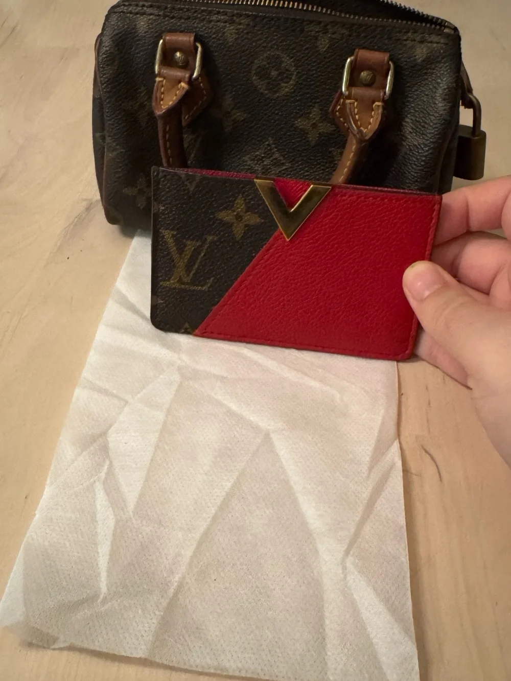Louis Vuitton Brown Monogram & Red Leather Card Holder